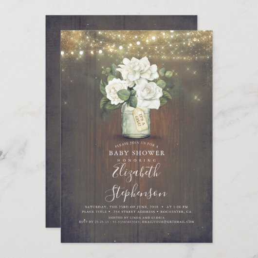 Invitation Fleurs blanches Mason Jar Baby shower rustique (Devant / Derrière)