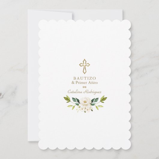 Invitation Fleurs blanches modernes espagnol 1er anniversaire (Dos)