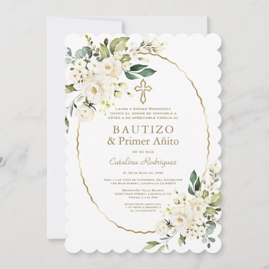 Invitation Fleurs blanches modernes espagnol 1er anniversaire (Devant)