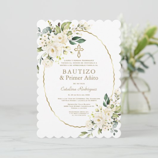 Invitation Fleurs blanches modernes espagnol 1er anniversaire (Debout devant)