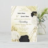 Invitation fleurs blanches noires or feuille mariage (Debout devant)