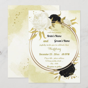 Invitation fleurs blanches noires or feuille mariage