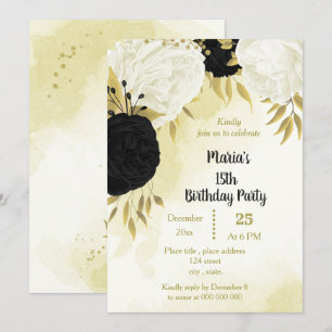 Invitation fleurs blanches noires or feuilles anniversaire