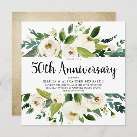 Invitation Fleurs Blanches Or 50e Anniversaire de Mariage (Devant / Derrière)