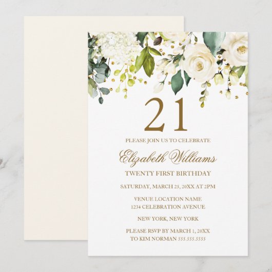 Invitation Fleurs Blanches Or Confettis 21e Anniversaire (Devant / Derrière)
