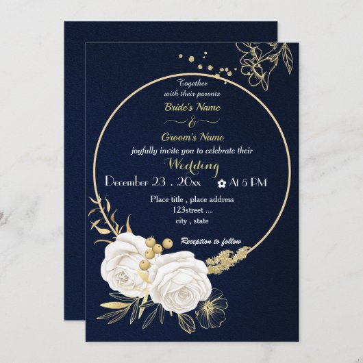 Invitation fleurs blanches or couronne marine mariage (Devant / Derrière)