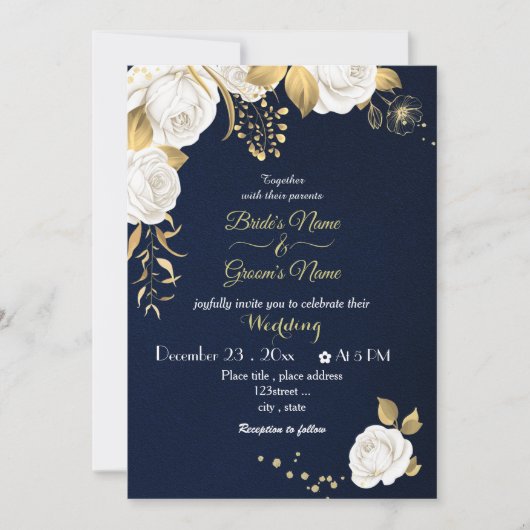 Invitation fleurs blanches or marine mariage (Devant)