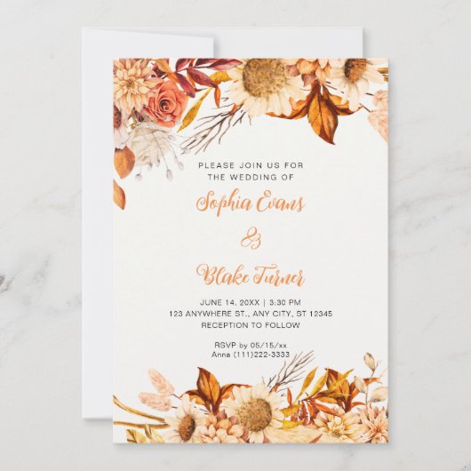 Invitation Fleurs blanches orange rustique Bohème mariage bla (Devant)