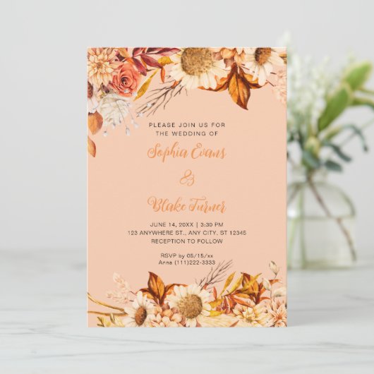 Invitation Fleurs blanches orange rustique Boho Orange Mariag (Debout devant)