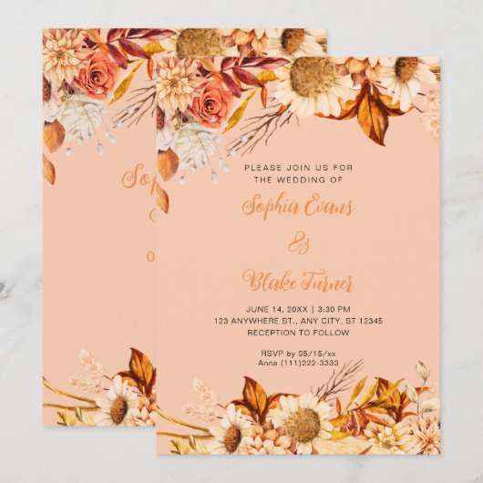 Invitation Fleurs blanches orange rustique Boho Orange Mariag (Devant / Derrière)
