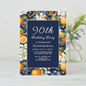 Invitation Fleurs blanches oranges Bleu marine 90e anniversai (Debout devant)