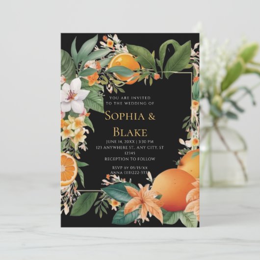 Invitation Fleurs blanches, oranges et verdure Mariage noir (Debout devant)