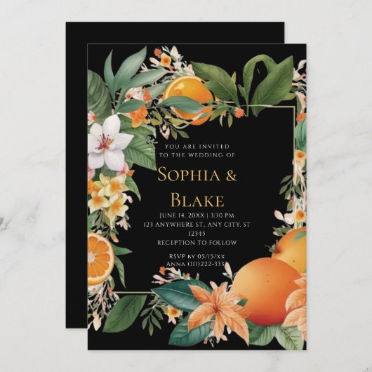 Invitation Fleurs blanches, oranges et verdure Mariage noir (Devant / Derrière)