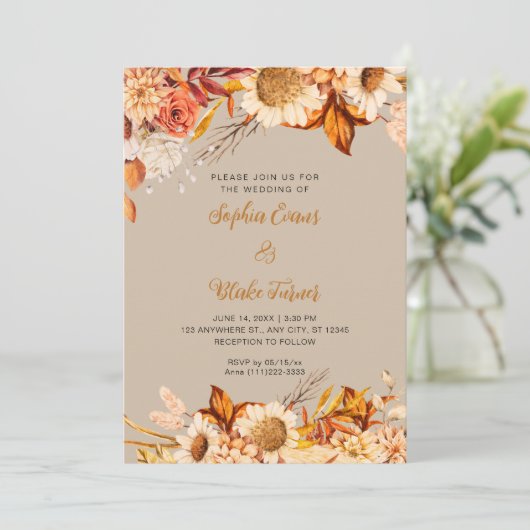 Invitation Fleurs blanches oranges rustiques Boho Vanilla Mar (Debout devant)