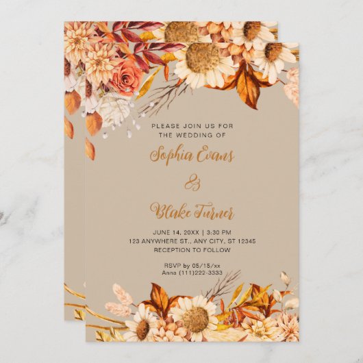 Invitation Fleurs blanches oranges rustiques Boho Vanilla Mar (Devant / Derrière)