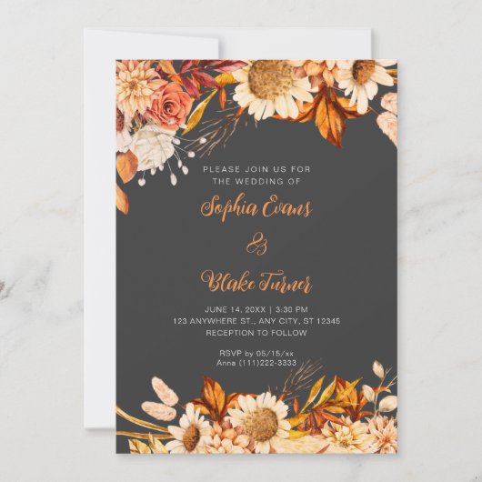 Invitation Fleurs blanches oranges rustiques Mariage gris boh (Devant)