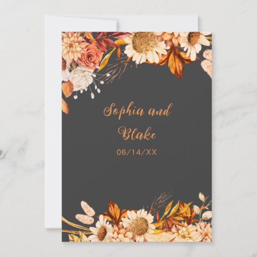 Invitation Fleurs blanches oranges rustiques Mariage gris boh (Dos)