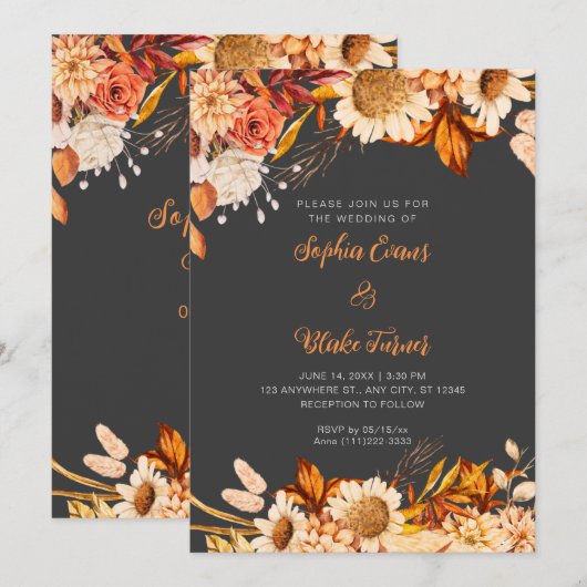 Invitation Fleurs blanches oranges rustiques Mariage gris boh (Devant / Derrière)