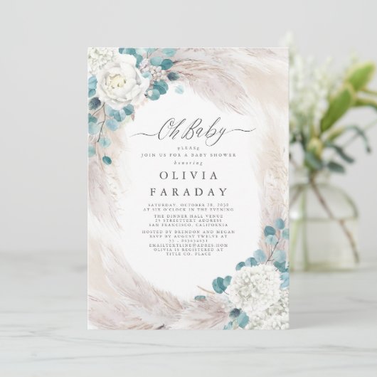 Invitation Fleurs blanches Pampas Baby shower en herbe Invita (Debout devant)