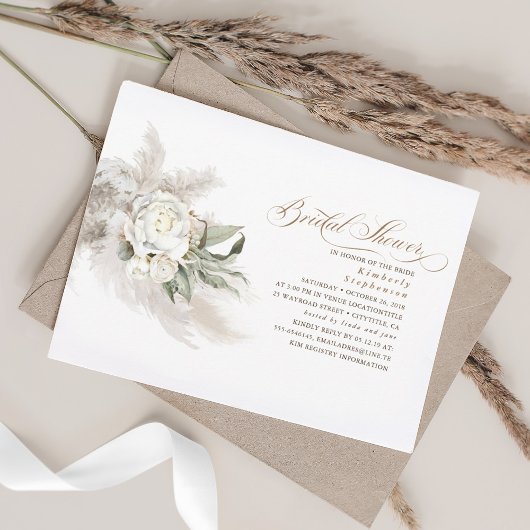 Invitation Fleurs blanches Pampas Fête des mariées verte en h