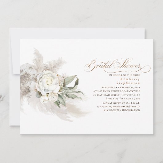 Invitation Fleurs blanches Pampas Fête des mariées verte en h (Devant)