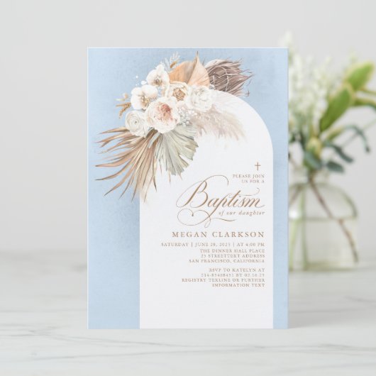 Invitation Fleurs blanches Pampas Grass Boho Baptême bleu (Debout devant)