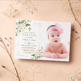Invitation Fleurs blanches Parties scintillant d'or Cadre pho