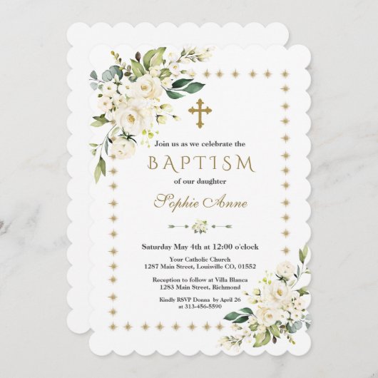 Invitation Fleurs blanches Parties scintillant d'or étincelle (Devant / Derrière)