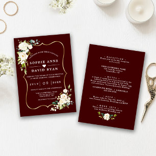 Invitation Fleurs blanches profond bordeaux tout en un mariag