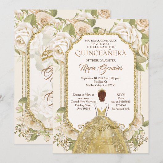 Invitation Fleurs blanches Quinceanera or Mexicaine Anniversa (Devant / Derrière)