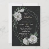 Invitation fleurs blanches romantiques botanique noir anniver (Devant)