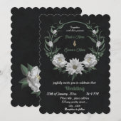 Invitation fleurs blanches romantiques mariage noir botanique (Devant / Derrière)