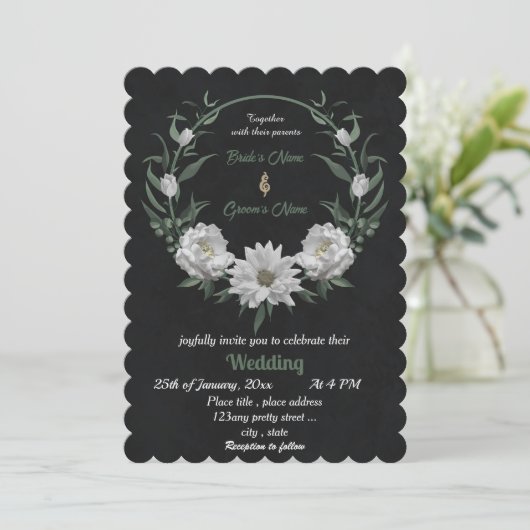 Invitation fleurs blanches romantiques mariage noir botanique (Debout devant)