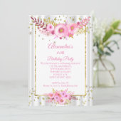 Invitation Fleurs blanches rose léger doré Fête d'anniversair (Debout devant)