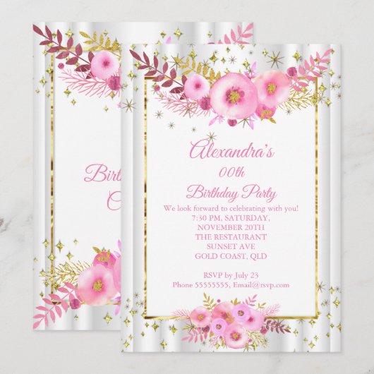 Invitation Fleurs blanches rose léger doré Fête d'anniversair (Devant / Derrière)