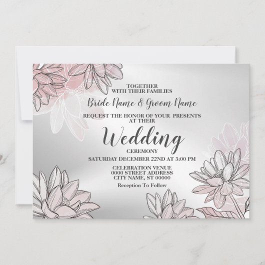 Invitation Fleurs blanches rose mariage Aquarelle argent (Devant)