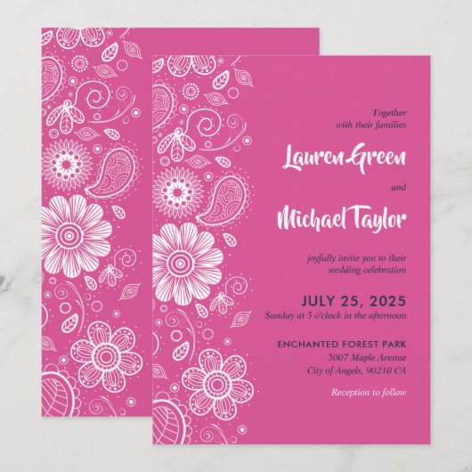 Invitation Fleurs blanches rose Paisley Floral Motif (Devant / Derrière)