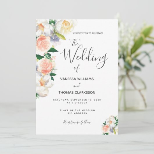 Invitation Fleurs blanches rose vif mariage élégant (Debout devant)