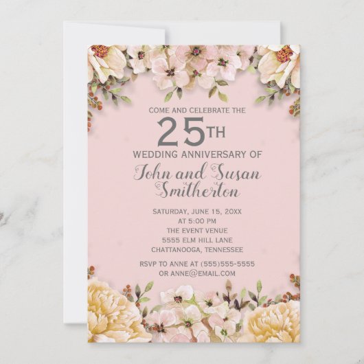 Invitation Fleurs blanches roses 25e anniversaire de mariage (Devant)