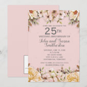 Invitation Fleurs blanches roses 25e anniversaire de mariage (Devant / Derrière)