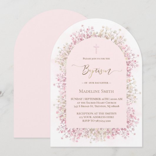Invitation fleurs blanches roses aquarelle Baptême (Devant / Derrière)