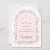 Invitation fleurs blanches roses aquarelle Baptême (Devant)