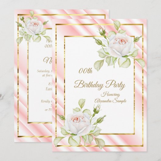 Invitation Fleurs blanches roses douces Fête d'anniversaire e (Devant / Derrière)
