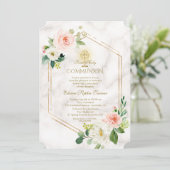 Invitation Fleurs blanches roses Marbre Or Sainte Communion (Debout devant)
