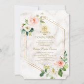 Invitation Fleurs blanches roses Marbre Or Sainte Communion (Devant)