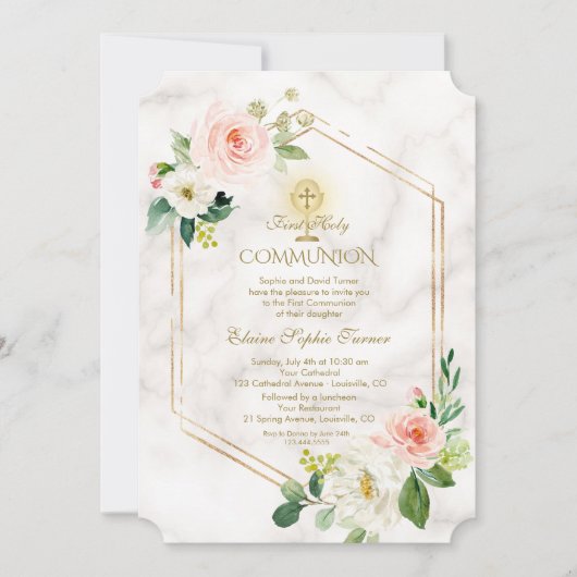 Invitation Fleurs blanches roses Marbre Or Sainte Communion (Devant)