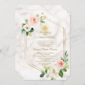 Invitation Fleurs blanches roses Marbre Or Sainte Communion (Devant / Derrière)