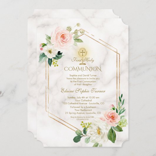 Invitation Fleurs blanches roses Marbre Or Sainte Communion (Devant / Derrière)