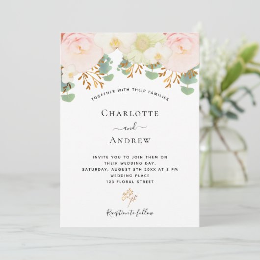 Invitation Fleurs blanches roses or vert mariage (Debout devant)