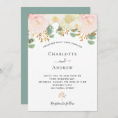 Invitation Fleurs blanches roses or vert mariage (Devant / Derrière)